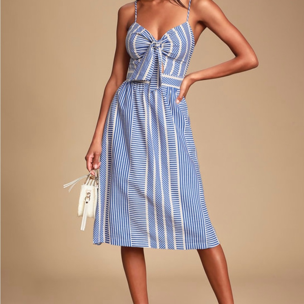 Blue and White Striped Dress with Bow Detail